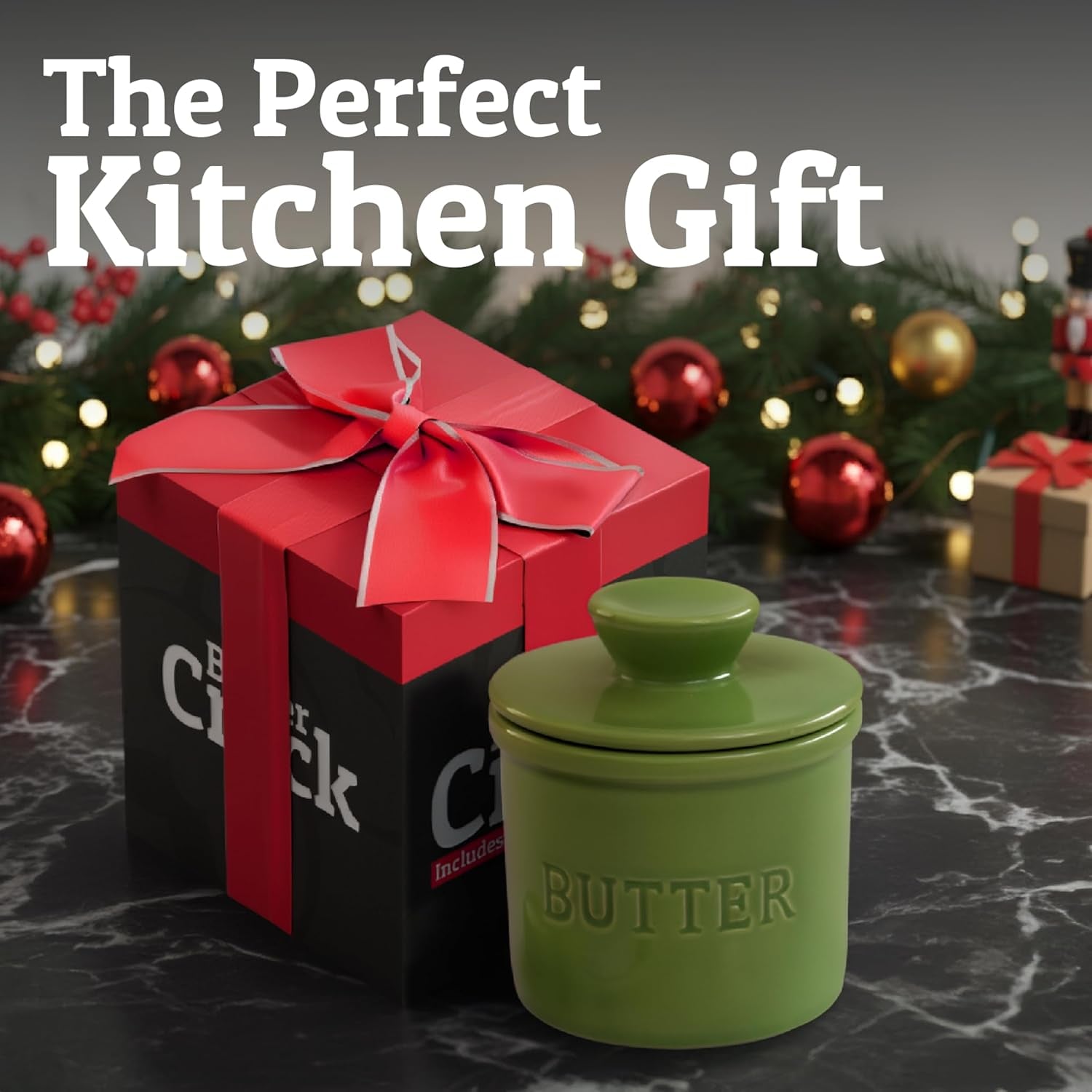 Butter Crock with Lid for Countertop with Spreader Knife and Water Line, Soft Spreadable Butter, Ceramic French Butter Dish with Lid, Green