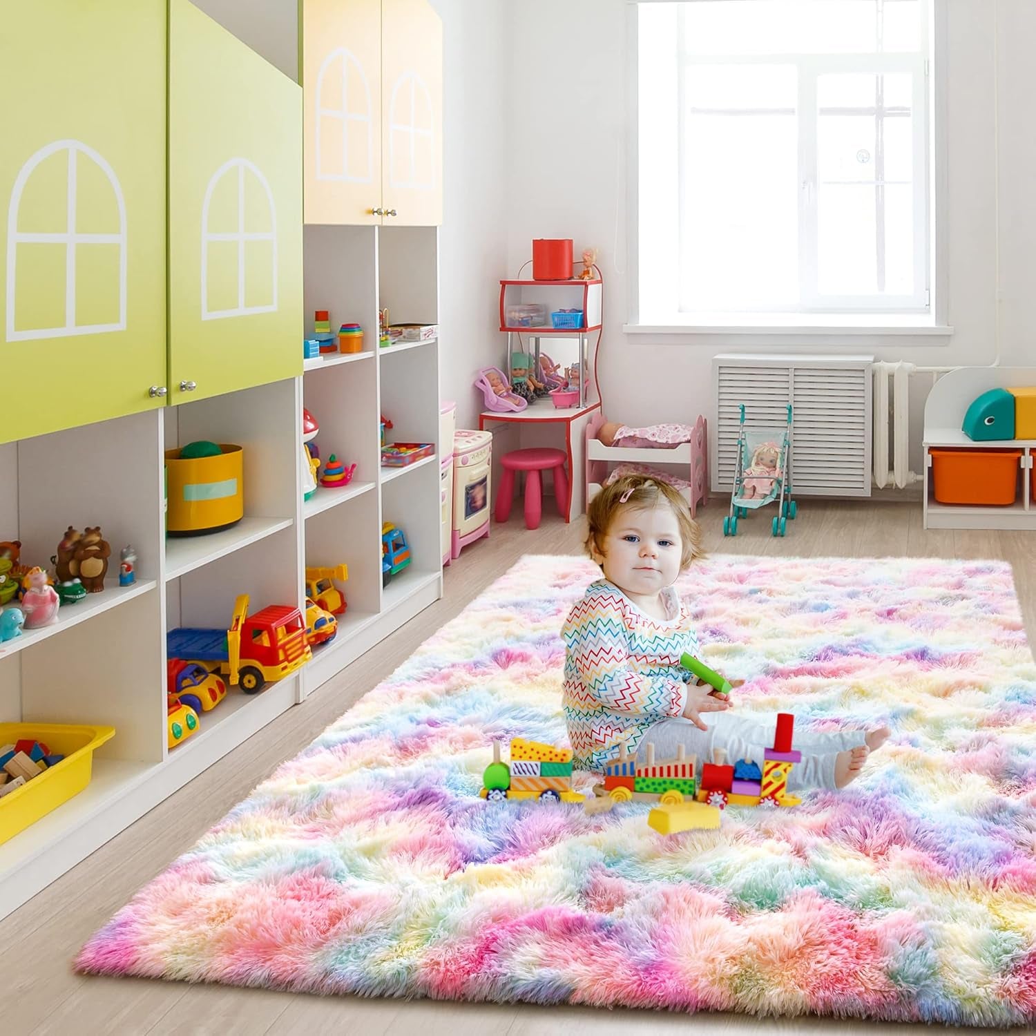 4X6 Rainbow Fluffy Soft Area Rug Non-Slip for Kids Bedroom Nursery Playroom | Plush丨Stays Put丨Soft丨Fluffy丨No Shedding丨Lays Flat丨Girls Room丨Dorm丨Indoor丨Laundry丨Shag丨Fuzzy丨Furry丨Carpet丨Home Decor