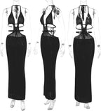 Women Sexy Crochet Maxi Dress Cut Out Halter V Neck Backless Knit Bodycon Long Dress Summer Beach Evening Party Dresses