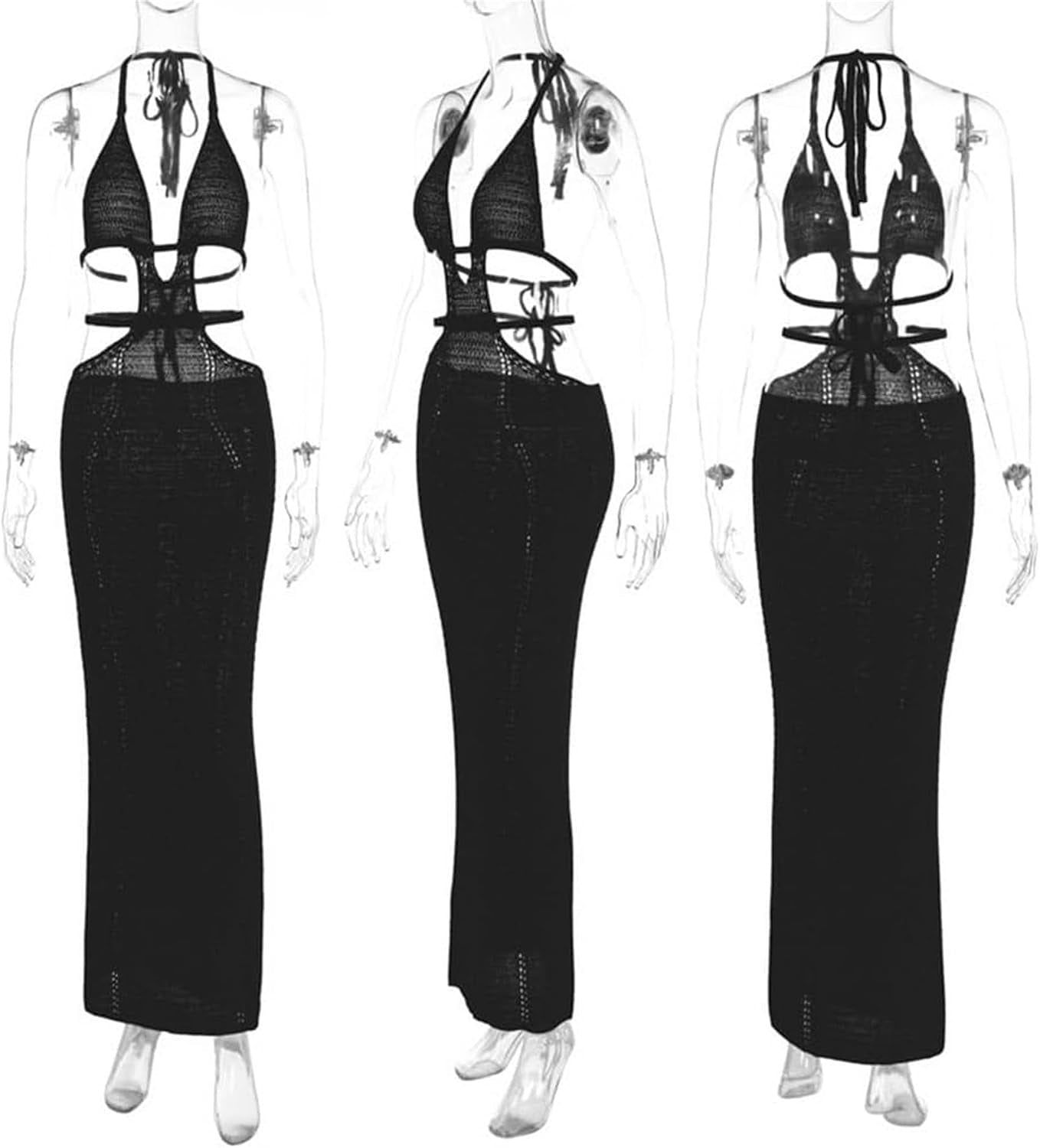 Women Sexy Crochet Maxi Dress Cut Out Halter V Neck Backless Knit Bodycon Long Dress Summer Beach Evening Party Dresses