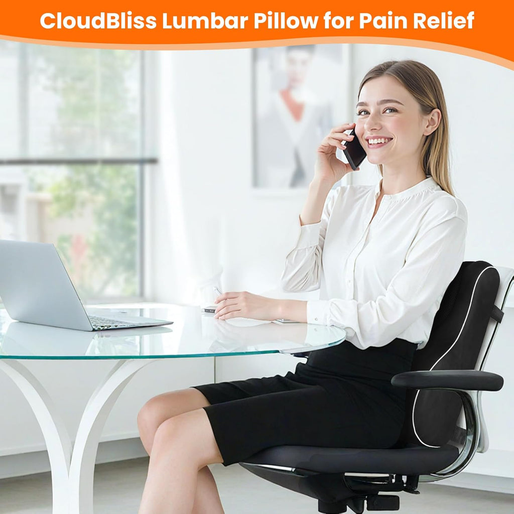 Lumbar Support Pillow, Memory Foam for Office Chair, Black | Ergonomic High-Density Memory Foam, Adjustable Straps, Washable Mesh Cover, Lower Back Support for Office, Gaming & Car Seat