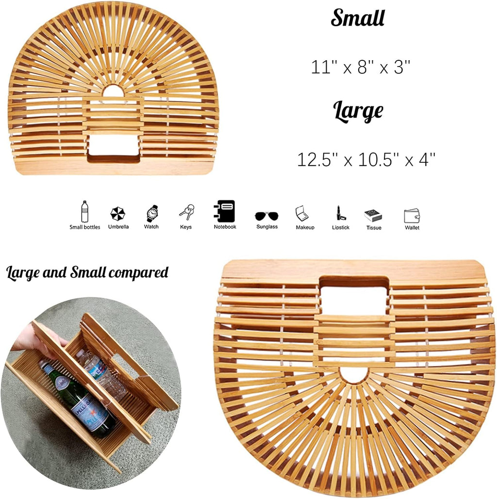 Womens Bamboo Handbag Handmade Large Tote Bag Straw Beach Bags | Beach Purse Size