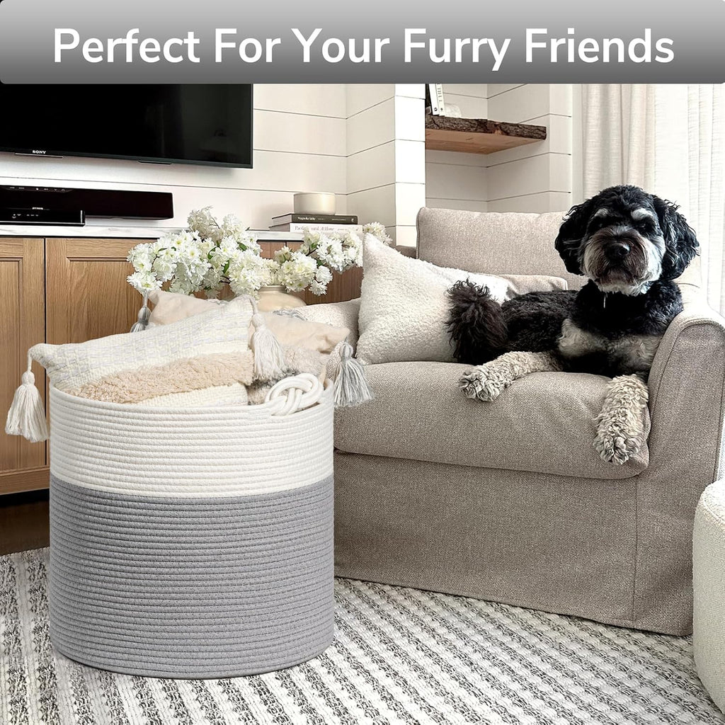 Woven Rope Blanket Basket Living Room, 40L, Grey | Small Laundry Basket for Organizing Baby Clothes, Blankets & Pillows, Great for Bedroom Nursery Home Décor