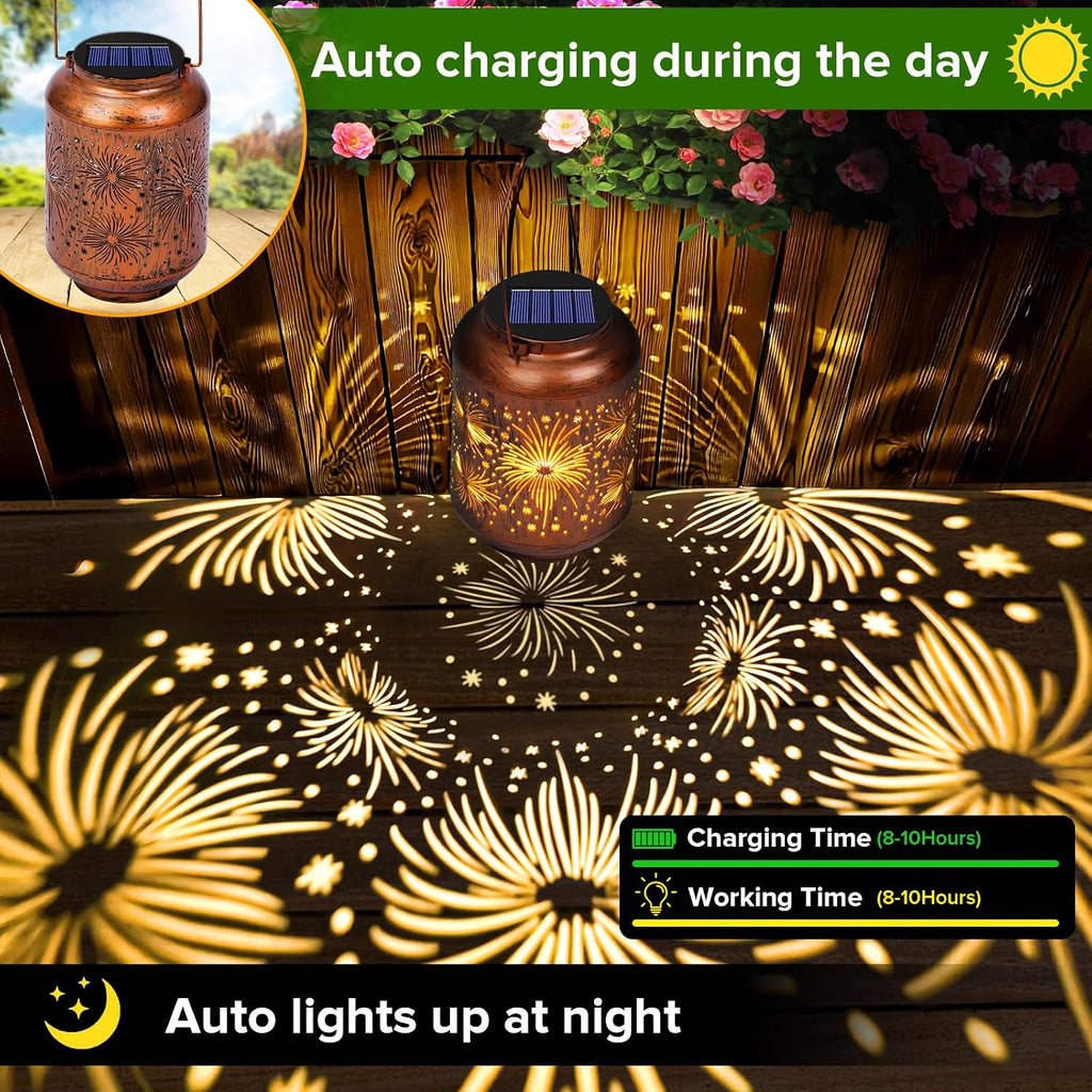 Solar Lanterns Outdoor Waterproof - Hummingbird Solar Lights for Garden, Hanging Metal Lantern Decor for Patio, Yard - Christmas Mothers Day Gifts for Women, Mom, Grandma (Fireworks, 1)
