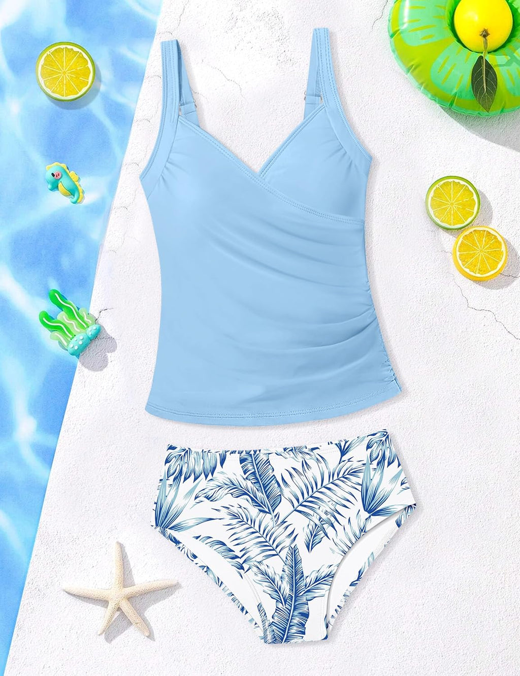 Girls Tankini Swimsuit Twist V Neck Bathing Suit Ruched Girls Swimsuit Two Piece Printed Girls' Swimwear 9-16 Years