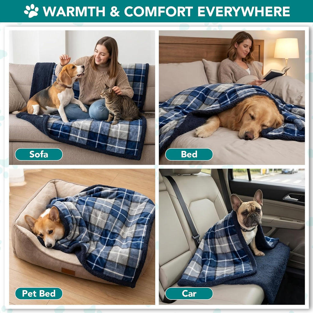 Dog Blanket for Medium Large Dogs and Pets, Soft Sherpa Fleece Pet Blanket for Cats Puppies, Reversible Plush Couch Cover Protector Sofa Bed Car Seat, Machine Washable, 80X60, Plaid Navy Blue