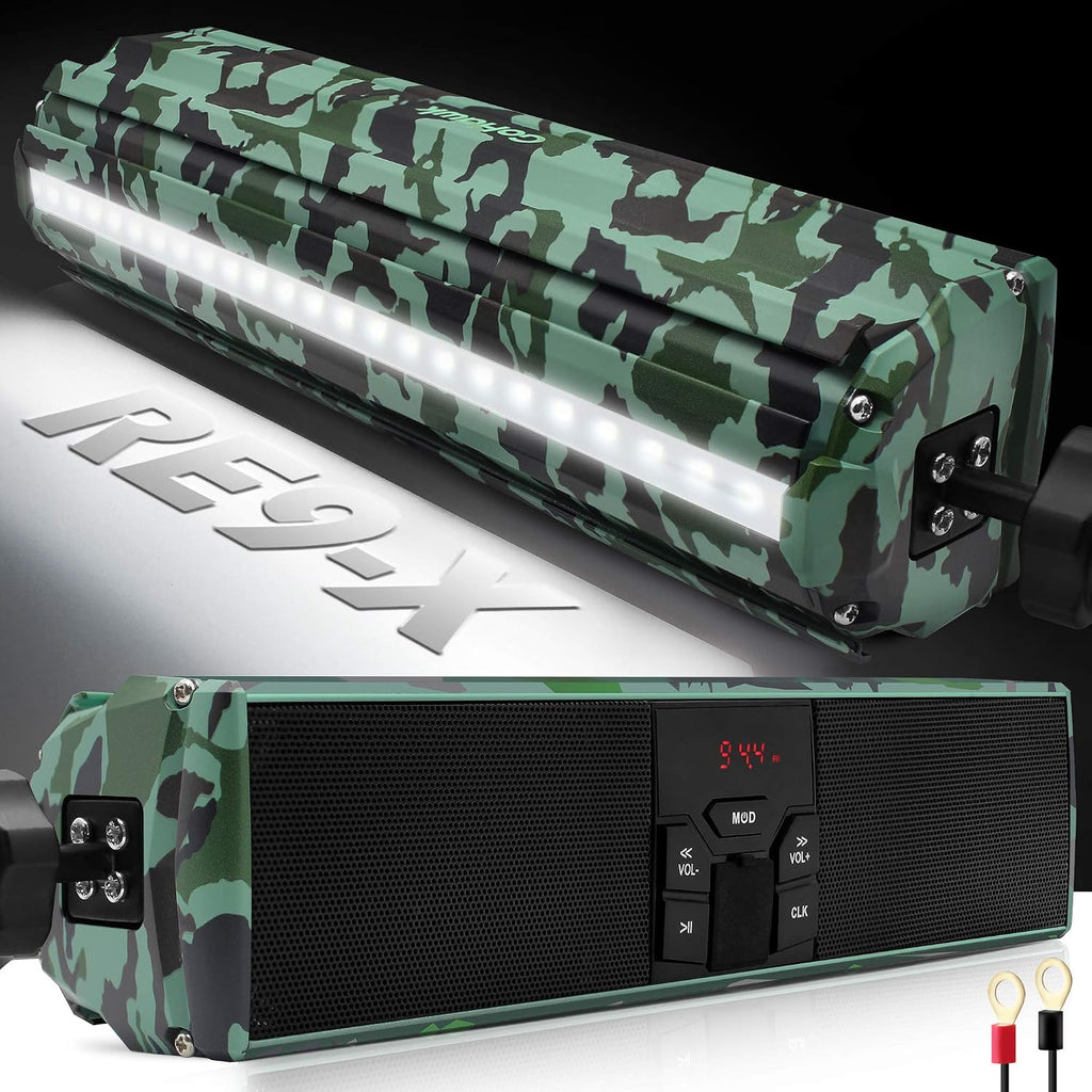 Motorcycle Bluetooth Speakers Waterproof with LED Light | Waterproof UTV Audio System with FM Radio, USB MP3 Player, AUX Input, and Compact Handlebar Mount Design.