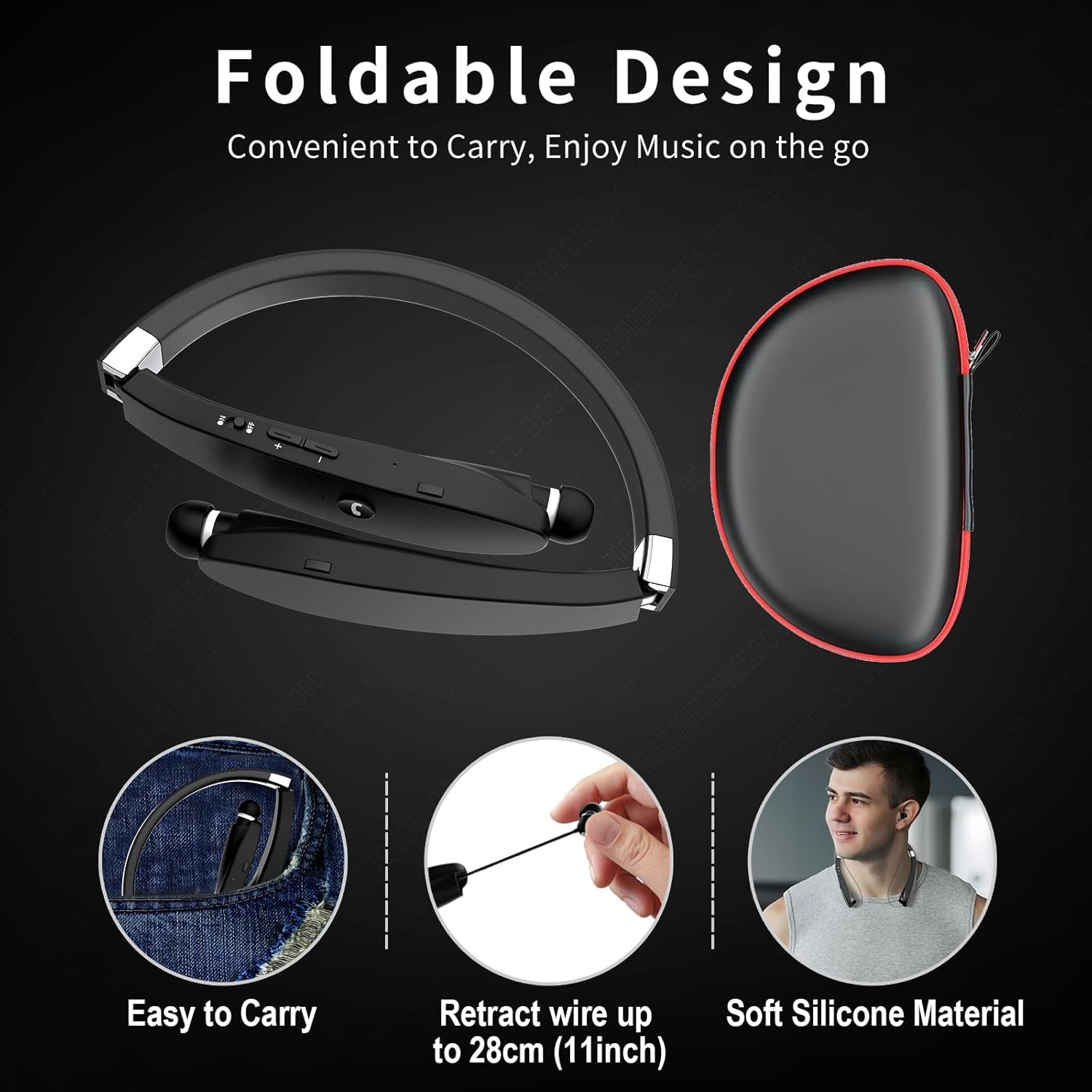 Bluetooth Neckband Headphones,  Foldable Wireless Lightweight Neck Headset with Retractable Earbuds, Noise Cancelling Sweatproof Stereo Earphones with Mic & Carrying Case (Black)