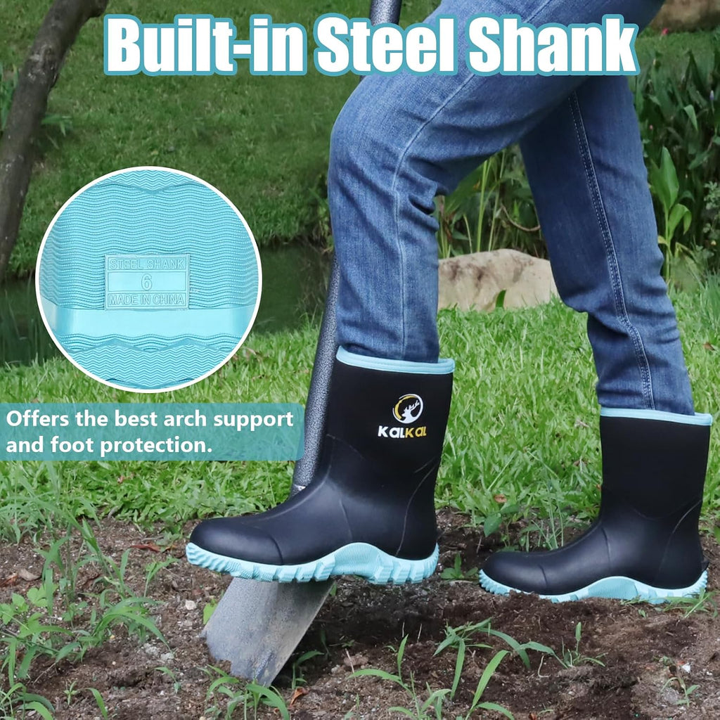Rubber Boots for Women, Waterproof Mid Calf Women Rain Boots with Steel Shank, 6Mm Neoprene Insulated Rubber Garden Boots for Women Mud Working Farming Fishing