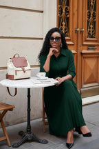 Womens Maxi Dress 3/4 Sleeve Button down Pleated Church Work Dress | Business Casual Lapel Neck Work Dress with Pockets/ Elegant Tie Waist Wedding Guest Dress with Belt/ Solid Color