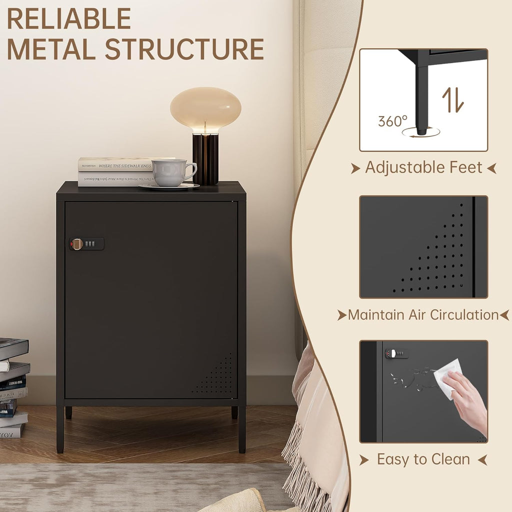 Metal Lockable Nightstand, Single Door Locker Metal End Table Small Bedside Storage Cabinet for Living Room, Bedroom, Dorm, 21.26”H X 15.75”W X 15.75”D (1 Door, Black)