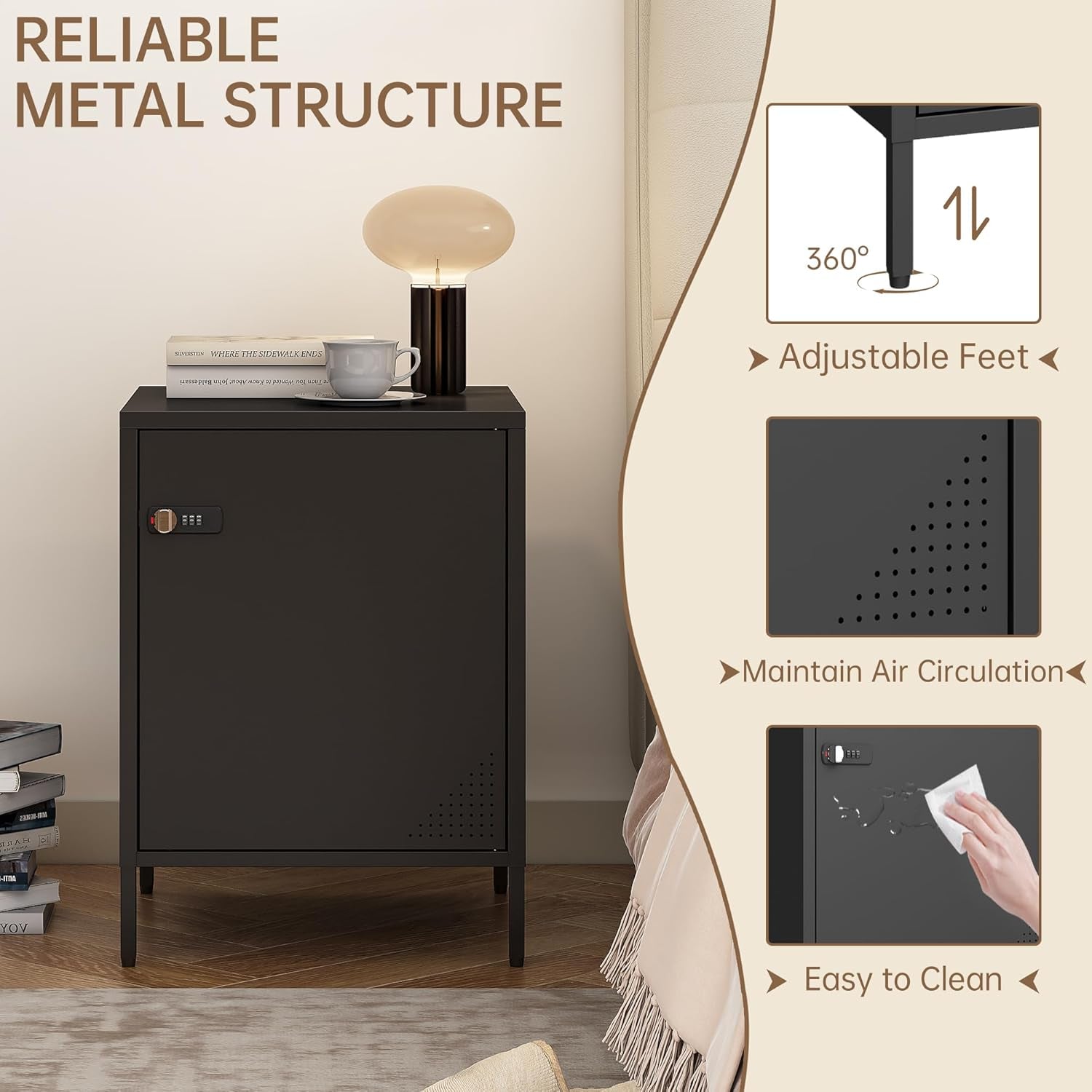 Metal Lockable Nightstand, Single Door Locker Metal End Table Small Bedside Storage Cabinet for Living Room, Bedroom, Dorm, 21.26”H X 15.75”W X 15.75”D (1 Door, Black)