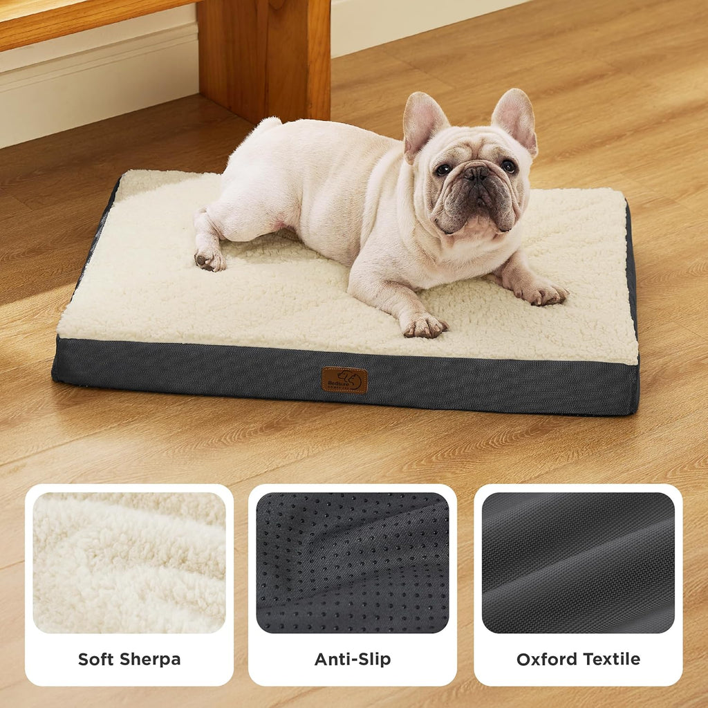 Bedsure Washable Dog Bed Medium Size Dog with Comfy Sherpa, 30X20In Grey | Orthopedic Egg Crate Foam,Comfort Support Flat Rectangle Pet Mat,Non-Slip Bottom,Removable Cover,For Medium Pet up to 30 Lbs