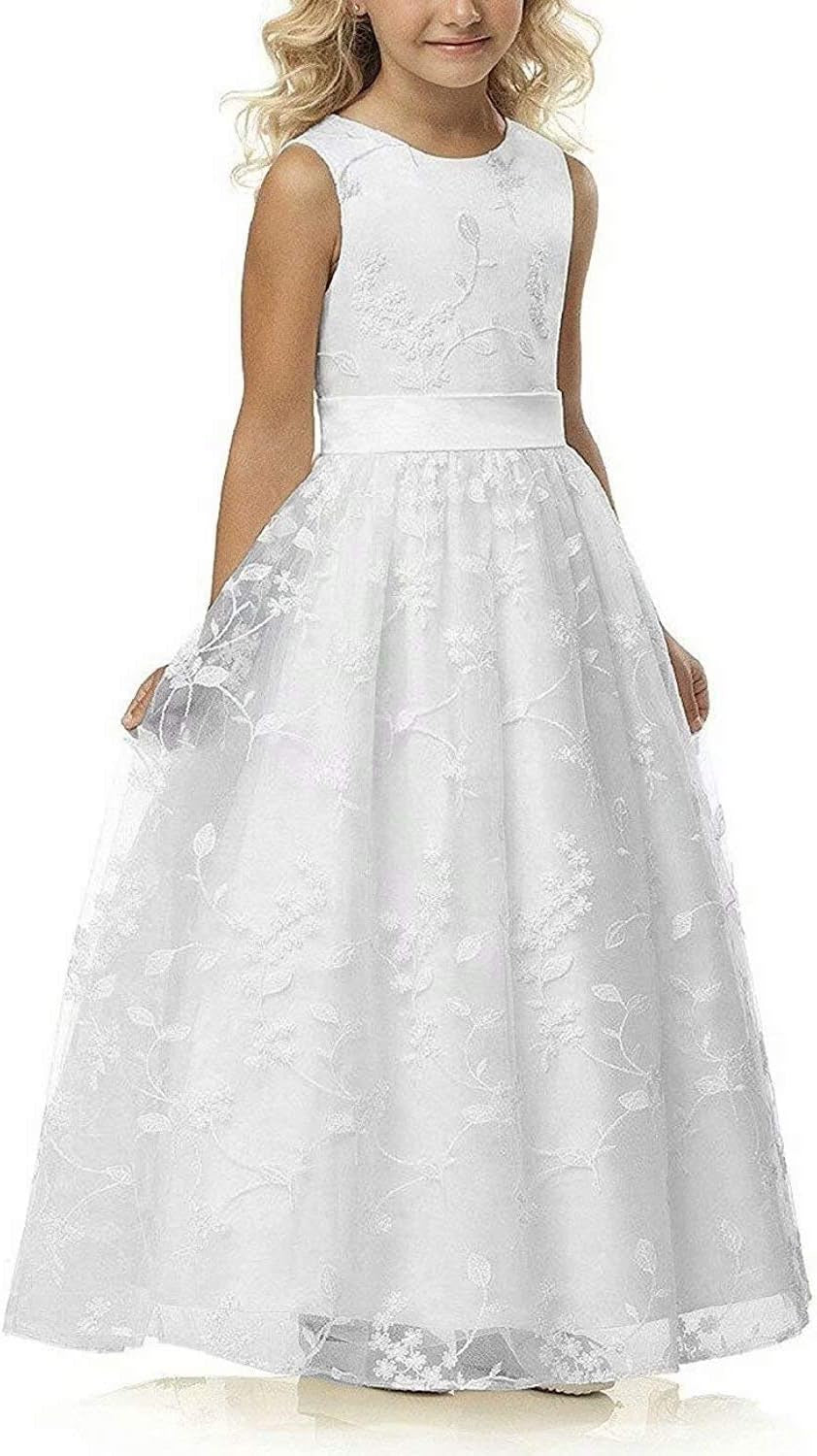 Lace A-Line Flower Girl Dress | Sleeveless,Floral Embroidery,Hidden Zipper.Perfect for Kids Wedding,Communion,Pageant & Formal Events.