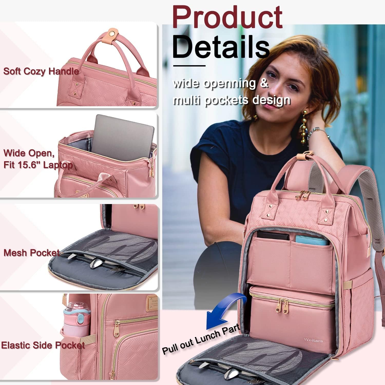 Lunch Backpack for Women,15.6 Inch Laptop Backpacks for Womens Back Pack, Travel Backpacks,Work Backpack for Women (Pink)