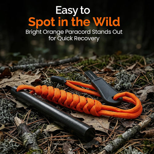 4 Inch Survival Ferrocerium Drilled Flint Waterproof High Spark Fire Starter | Ferro Rod Kit with Orange Paracord Landyard Handle and SS Striker
