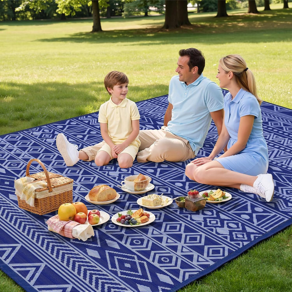 Outdoor Rug 5X8 Ft Waterproof, Reversible Plastic Straw Rug, Patio Rug, Outdoor Area Rug for RV Camping, Porch, Deck, Balcony, Backyard, Picnic, Beach, Garden, Camper, Blue & White