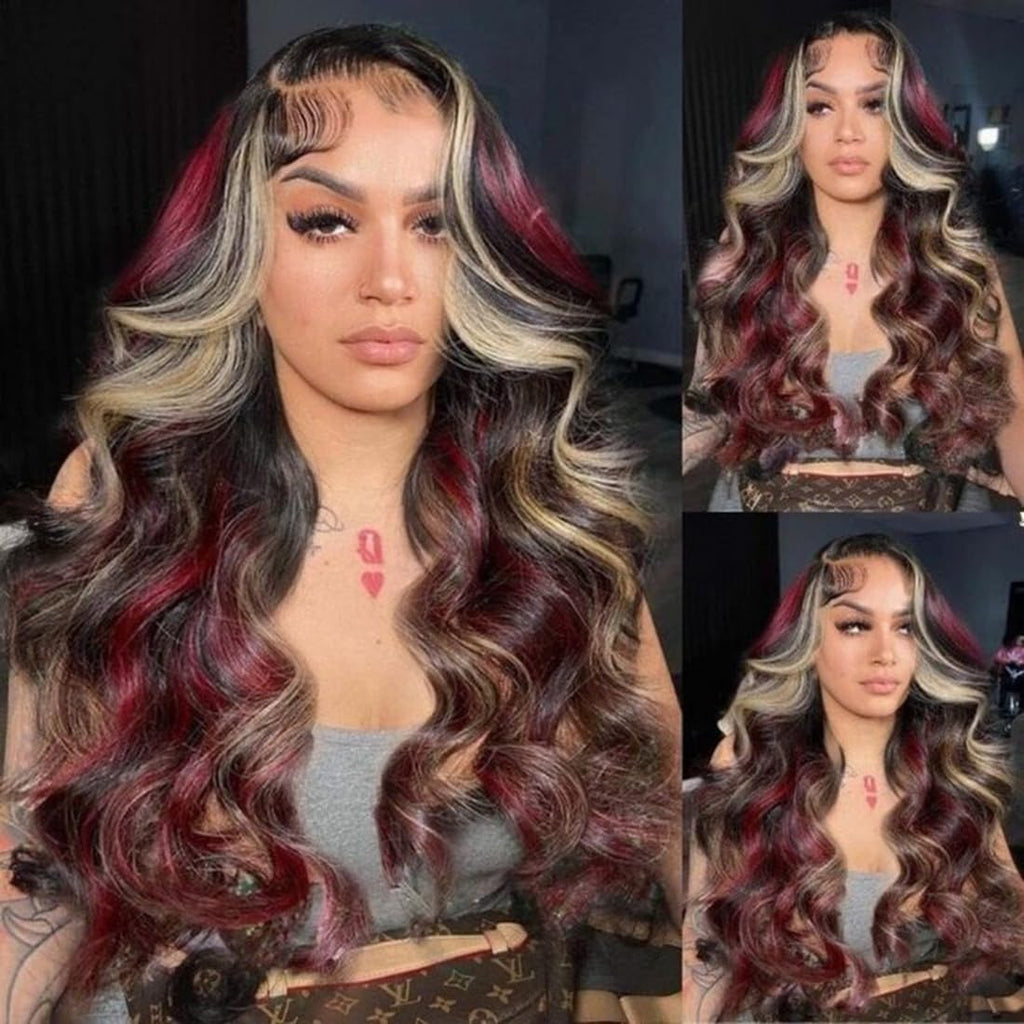 Black Red Blonde Highlight Wig Human Hair 13X4 Lace Front Wigs Human Hair Pre Plucked 180% Density Body Wave HD Lace Frontal Wig Blonde Red Highlight Glueless Colored Human Hair Wig for Women 26 Inch