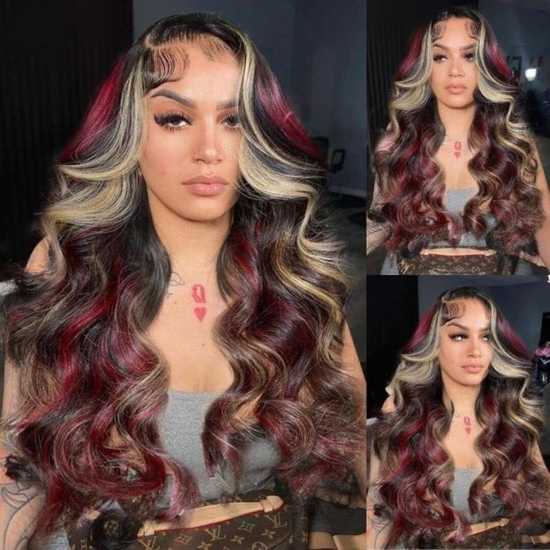 Black Red Blonde Highlight Wig Human Hair 13X4 Lace Front Wigs Human Hair Pre Plucked 180% Density Body Wave HD Lace Frontal Wig Blonde Red Highlight Glueless Colored Human Hair Wig for Women 26 Inch