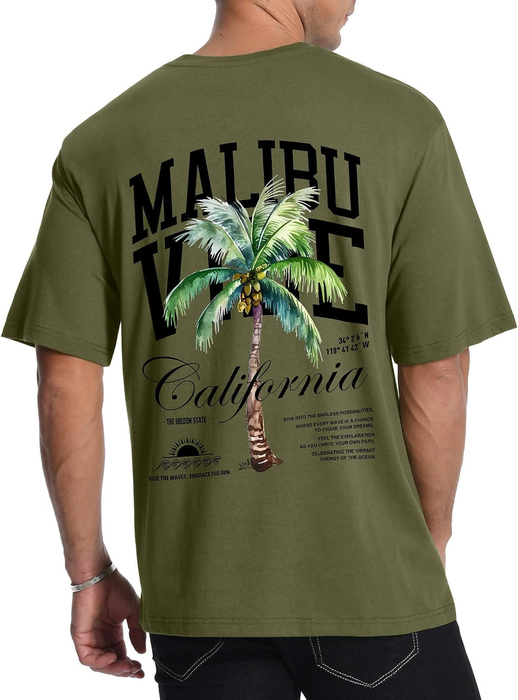 Mens Malibu Vibe Palm Tree California Casual Short Sleeve T-Shirt | Perfect for Surf Travel Great for Beach Lovers West Coast Fans.