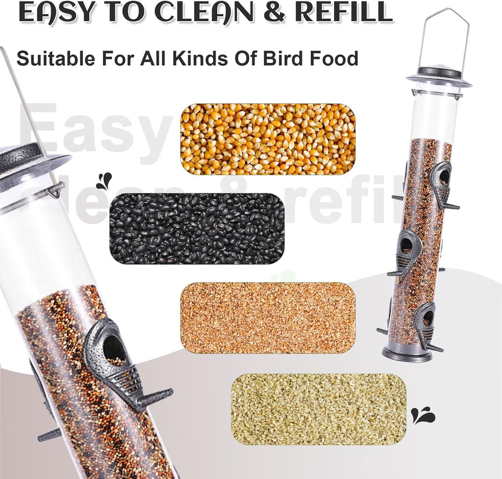 1PK Metal Bird Feeders with 6 Feeding Ports,Tube Bird Feeder with Steel Hanger,Hard Plastic Wild Bird Feeder for Outdoors Hanging, Attracting Birds in Your Lawn, Garden, Balcony-Grey