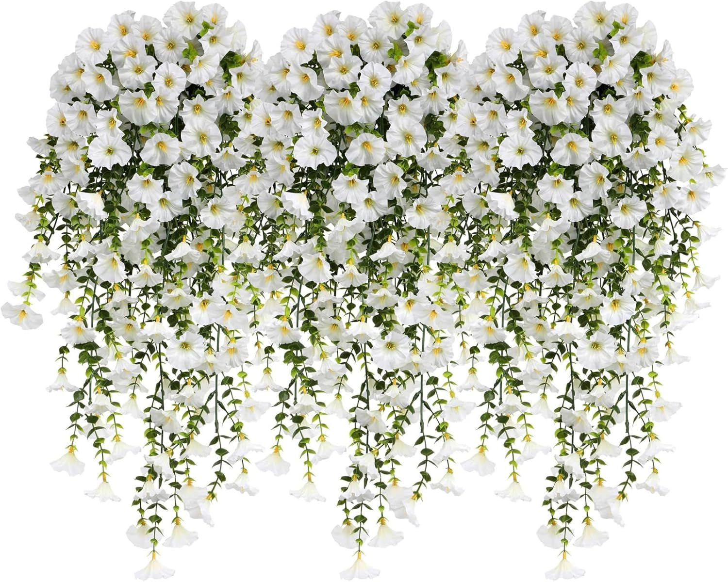 4Pack Realistic Glory Artificial Hanging Flowers, Durable Silk Fake Flowers, Artificial Petunias for Patiofor Wall Front Door Yard Garden Wedding Outdoor Decoration (White)