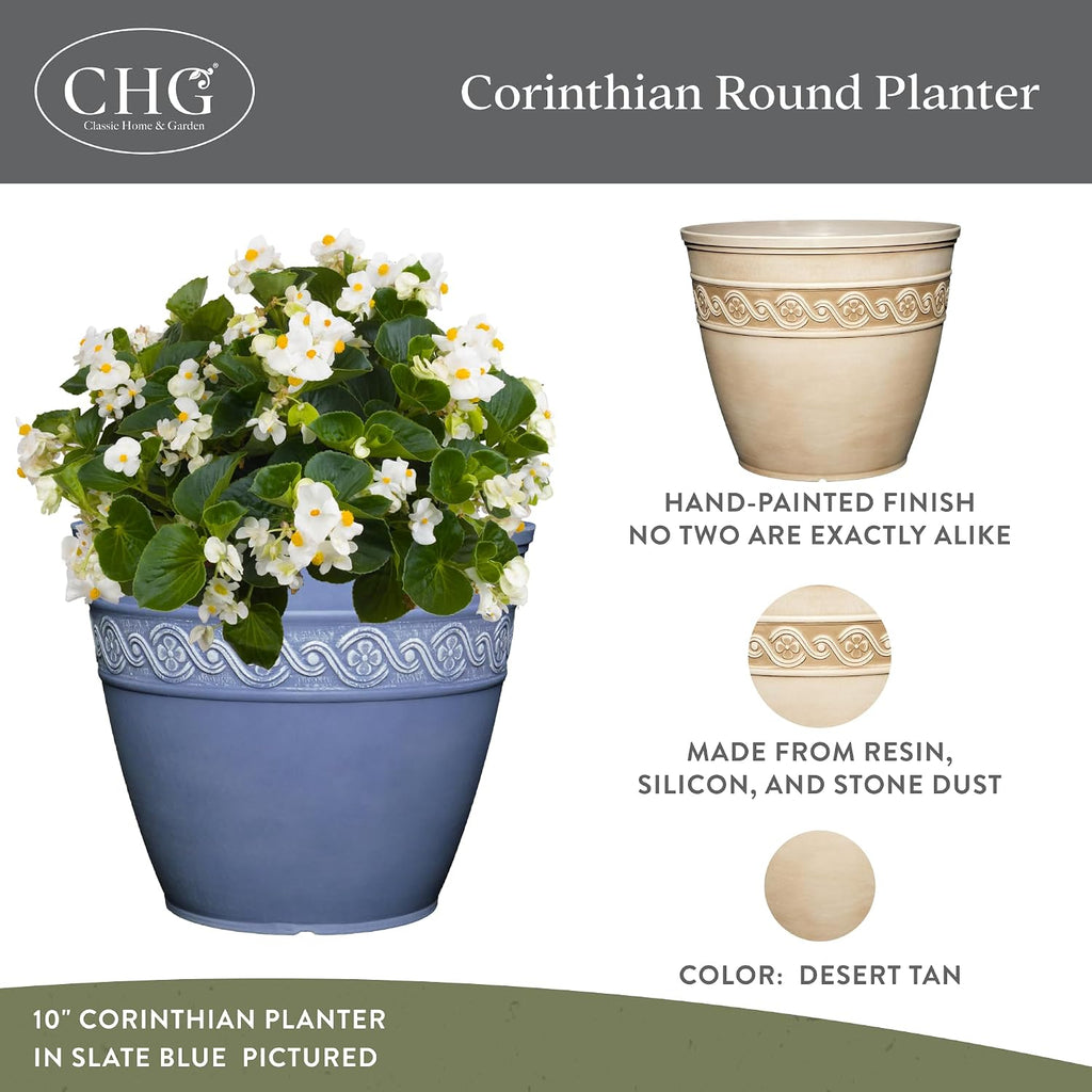 Classic Home and Garden by Growscape Corinthian Planter Pot(10" Desert Tan) | Classic Resin Plant Pots, Lightweight Indoor Outdoor Planter, Weather-Resistant, Great for Patio, Home & Garden Decor Accent