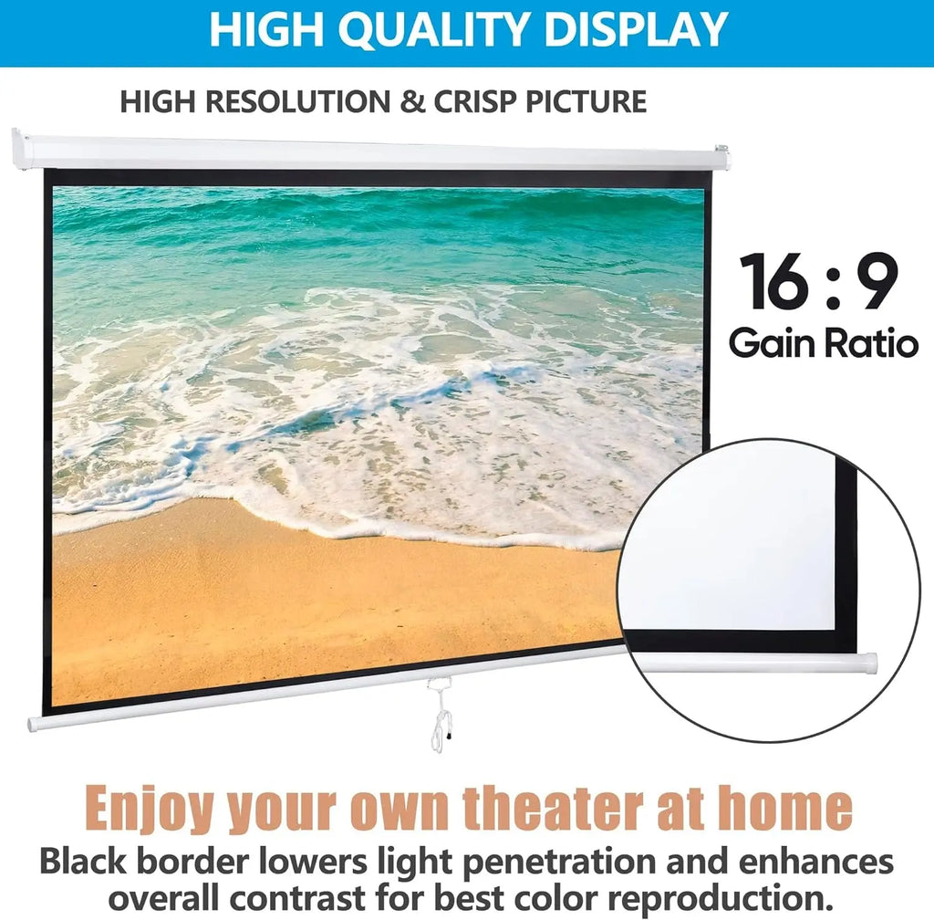 Projector Screen Pull down 80 Inch 16:9 HD Projection Screen Folding Home Theater Portable Indoor Outdoor Movie Screen