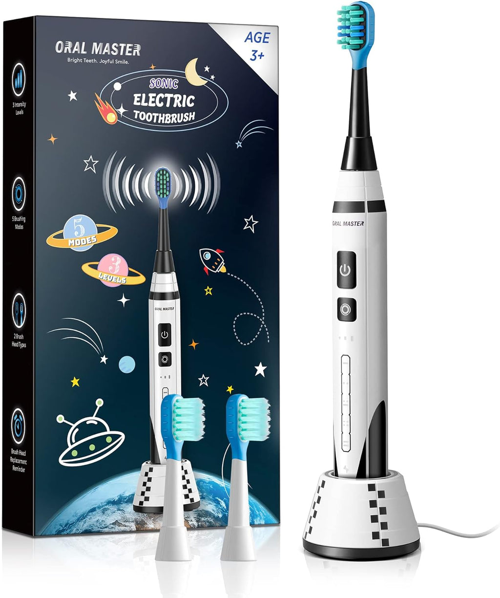 Kids Electric Toothbrush with Sonic Motor, 5 Cleaning Modes, Smart Timer, Rechargeable Wireless Charging, Soft Bristle Replacement Brush Heads for Ages 3 and Up