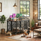 41.5" Foldable Dog Crate Furniture with 5 Wheels & Rotating Bowls | No Assembly. Foldable Frame. 5-Wheel Base. 2 Rotating Bowls. for Small/Medium Dogs. 41.5"L X 24.8"W X 35.1"H. Rustic Brown.