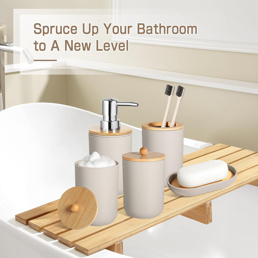 Bathroom Accessories Set 5 Pcs, Plastic Beige Bathroom Decor, Soap Dispenser and Toothbrush Holder Set, Soap Dish, Cotton Swab Jar, Bathroom Set, Boho Bathroom Organizer Accessory