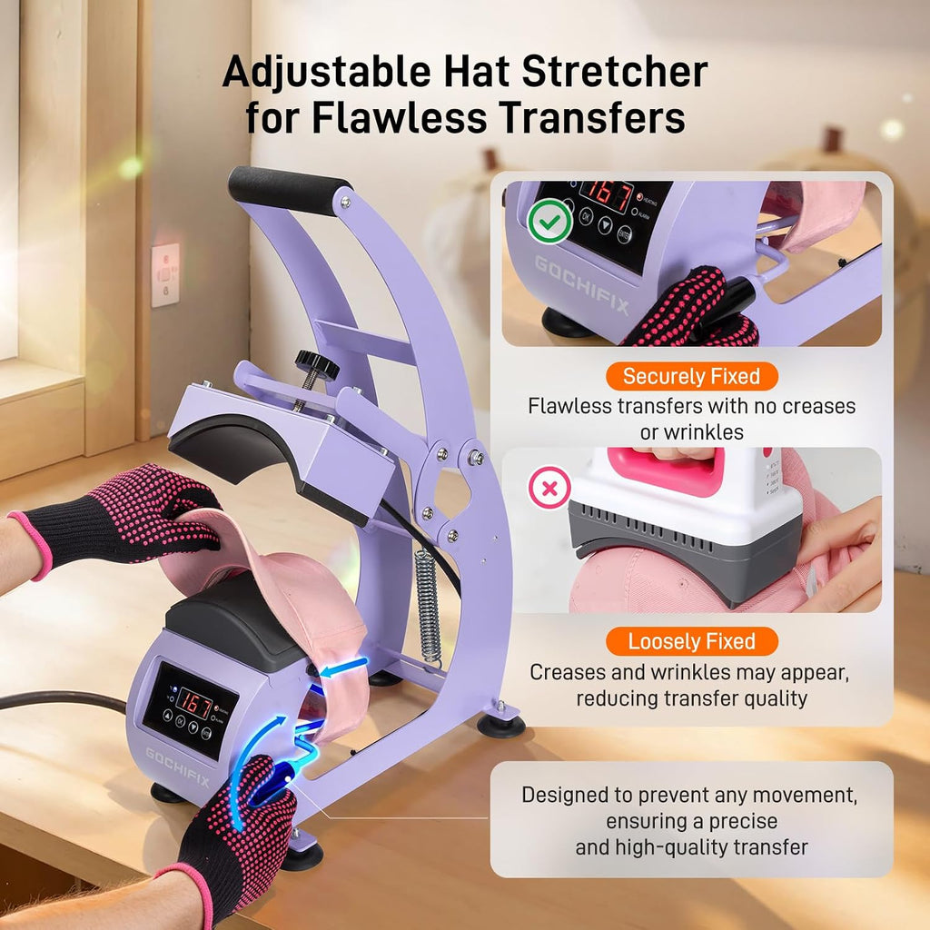 Hat Heat Press Machine, Precise Temp/Timer Control, 6.54"X3.84"Curved Heat Plate, Hat Stretcher, Safety Base, 2 Hat Pad, Glove, Heat Press Heat for Caps, Sublimation, Vinyl, Heat Transfer
