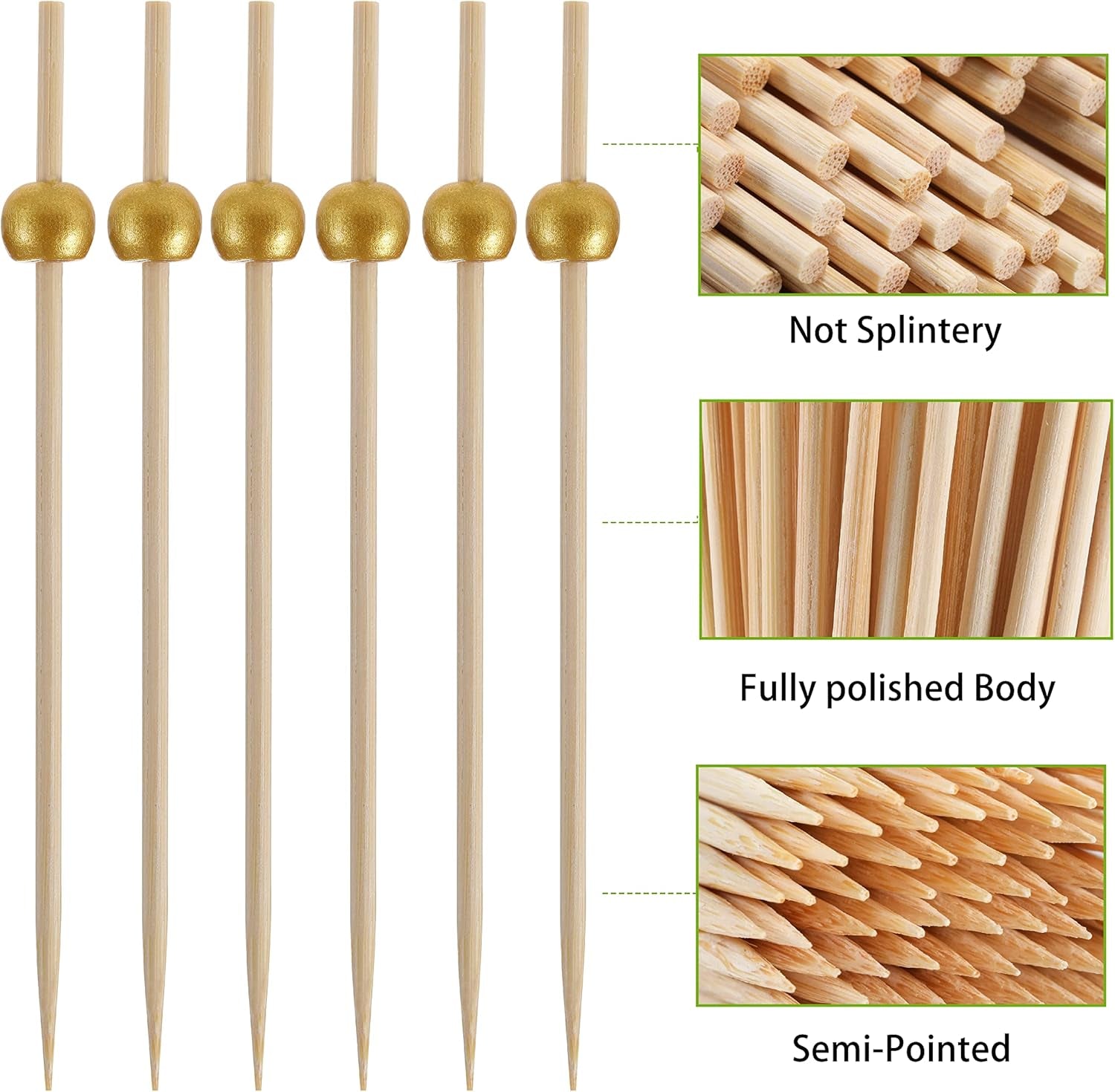 200 Pcs Cocktail Picks, 4.7 Inch Toothpicks for Appetizers, Bamboo Cocktail Sticks Skewers for Drinks, Desserts, Charcuterie, Wedding Party Fancy Toothpicks, Gold Pearl Mini Food Picks Decorative