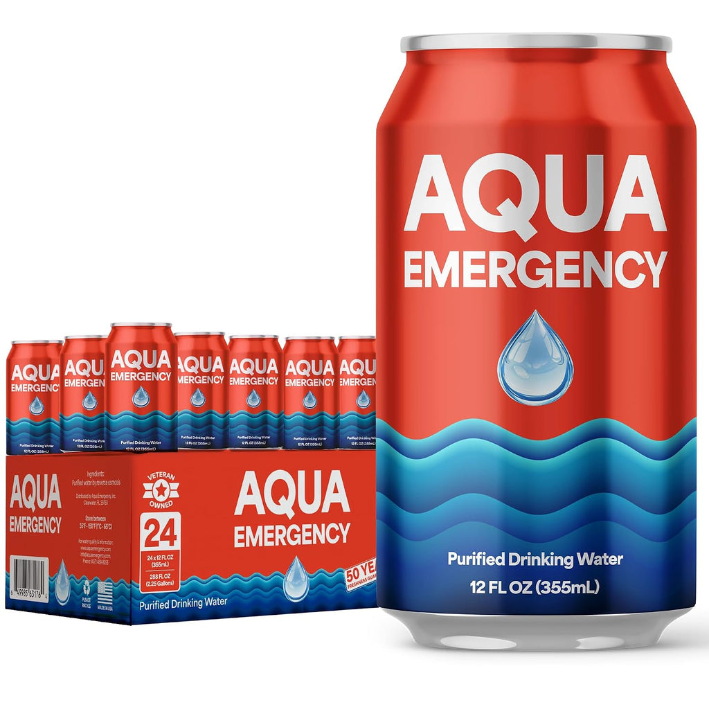 Drinking Canned Water- (24 Cans) 12 Fl Oz (50 Years) Shelf Life for Everyday Hydration, Emergency, Survival Use-Purified via Reverse Osmosis | Plant-Based, BPA Free, Eco-Friendly Packaging, Made in USA-1 Case