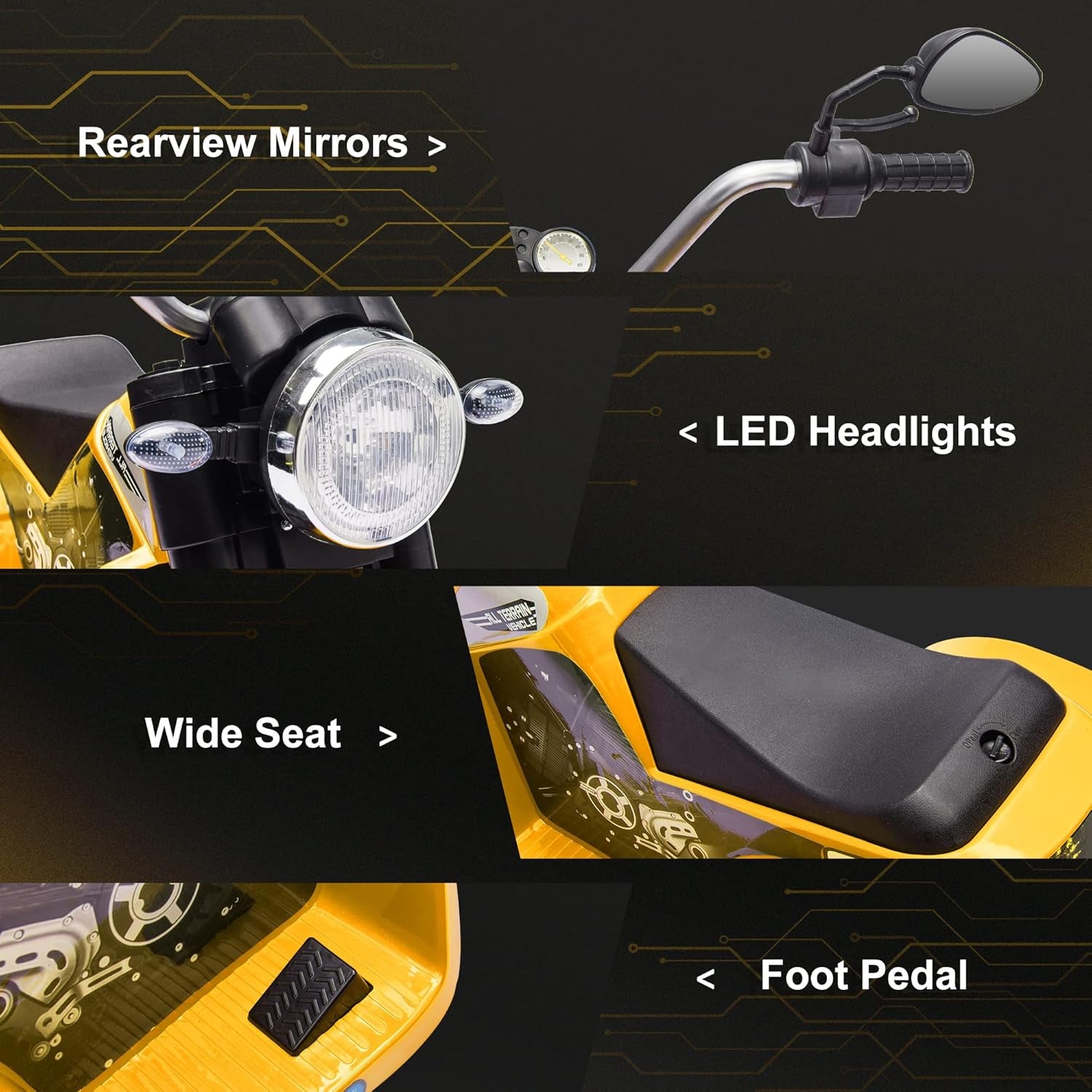Electric Motorcycle for Kids 6V Ride-On 3-Wheels 18-36 M Yellow | Battery Powered, Dirt Bike, Motorbike, Horn, Headlights, Realistic Sounds Speed