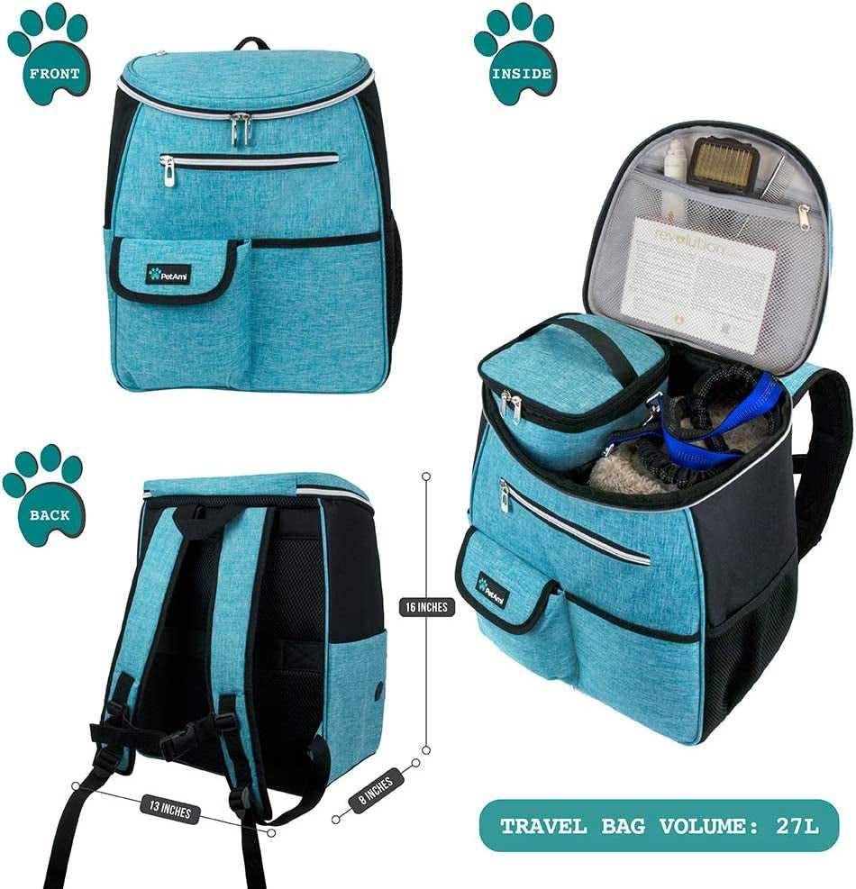 Dog Travel Backpack 27L Airline Approved Pet Supplies Bag, Teal Blue | Cat Traveling Suitcase Organizer for Weekend Road Trip Camping; 2 Food Containers, 2 Collapsible Bowls & Poop Bag Dispenser