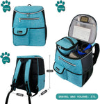 Dog Travel Backpack 27L Airline Approved Pet Supplies Bag, Teal Blue | Cat Traveling Suitcase Organizer for Weekend Road Trip Camping; 2 Food Containers, 2 Collapsible Bowls & Poop Bag Dispenser