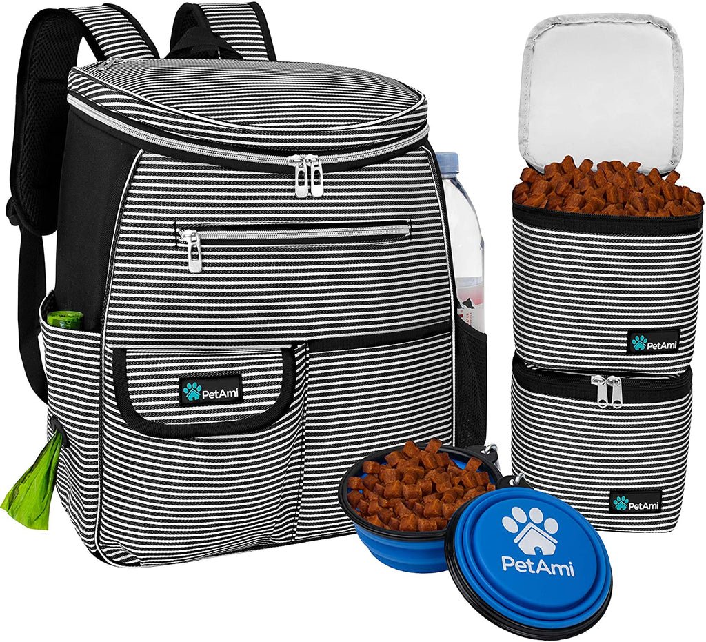 Dog Travel Backpack Airline Approved Pet Supplies Bag, Stripe Black | Cat Traveling Suitcase Organizer for Weekend Road Trip Camping; 2 Food Containers, 2 Collapsible Bowls & Poop Bag Dispenser