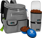 Dog Travel Backpack Airline Approved Pet Supplies Bag, Stripe Black | Cat Traveling Suitcase Organizer for Weekend Road Trip Camping; 2 Food Containers, 2 Collapsible Bowls & Poop Bag Dispenser