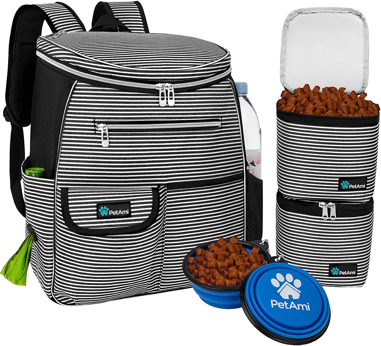 Dog Travel Backpack Airline Approved Pet Supplies Bag, Stripe Black | Cat Traveling Suitcase Organizer for Weekend Road Trip Camping; 2 Food Containers, 2 Collapsible Bowls & Poop Bag Dispenser