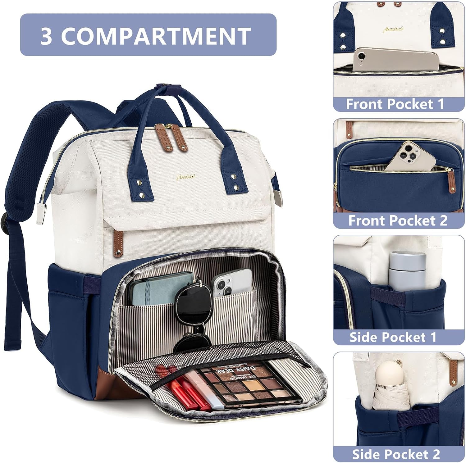 Laptop Backpack for Womem Work Bags: 17.3 Inch Travel Backpacks with USB Charging Port anti Theft Fashion College Bookbag Durable Back Pack Purse Bussiness Daypack for Nurse Teacher Navy Beige