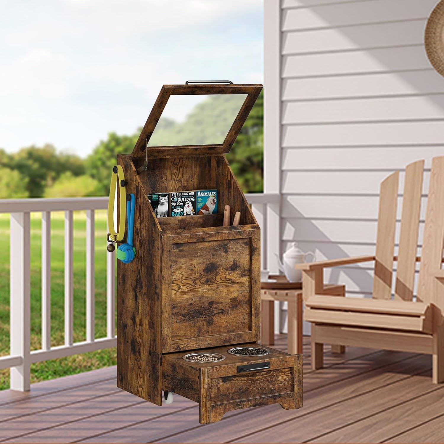 35''H Pet Food Cabinet Flip Top Dog Food Storage Cabinet,Dog Feeding Station with 2 Elevated Dog Bowls, Large Pet Toy Storage Organizer,Rustic Brown
