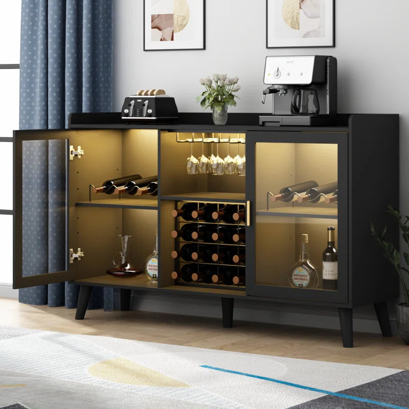 Ermo Wine Bar Cabinet with Led Light, Home Coffee Cabinet with Wine and Glass Rack