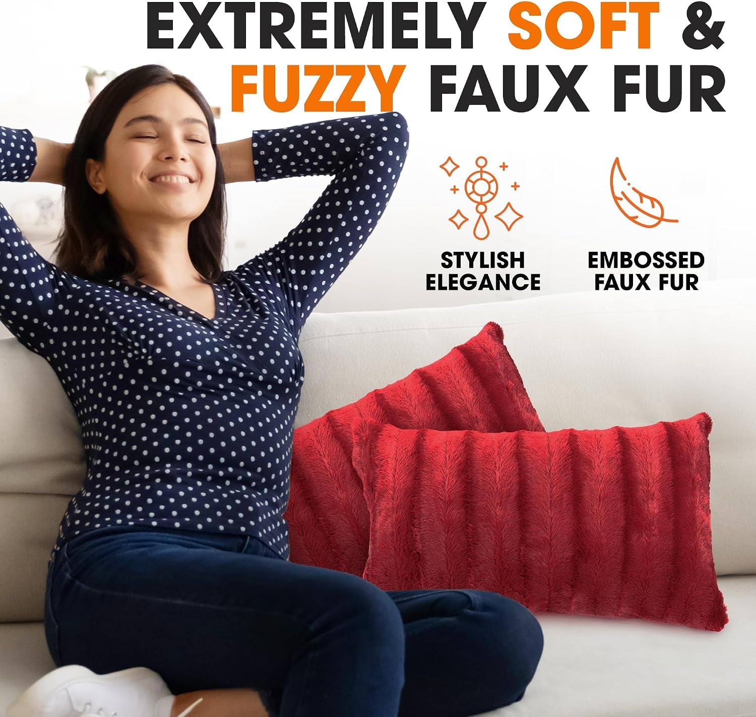 Faux Fur Throw Pillows - Decorative Pillows for Couch, Bed Throw Pillows, Maroon Accent Pillows for Bedroom or Living Room Aesthetic, Set of 2 Furry Throw Pillows, 12" X 20"