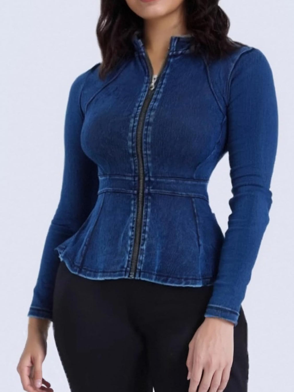 Casual Denim Peplum Jacket for Women Long Sleeve Zip Front Athletic Workout Ruffle Blazer Coats
