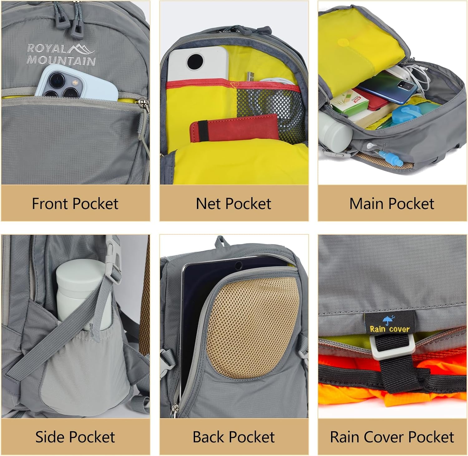 Small Hiking Backpack with Rain-Cover, 20L Travel Backpacks for Women Men, Camping Daypack Backpacks Lightweight, Durable Hiking Backpack Fit for Camping, Daily Commuting, Short Trips (Grey)