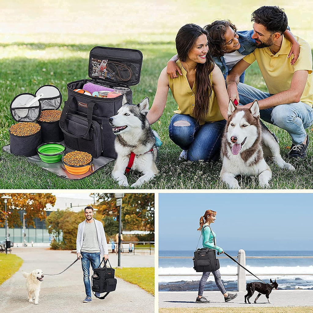 Dog Travel Bag with 2 Collapsible Dog Bowls, 1 Dog Backpack, Airline Approved Pet Travel Bagorganizer for Supplies & Accessories, 2 Travel Dog Food Container, Black | Dog Travel Accessories Set with Feeding Supplies, Bowls, Mat, and Strap. Ideal for Weekend Trips.
