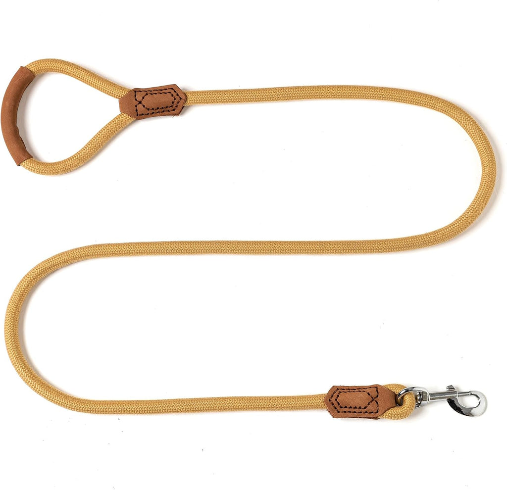 Dog Leash with Genuine Leather Connection/Handle, 4/5/6 FT | Rope Leash, Heavy Duty 360° Swivel Metal Clasp, for Small Medium & Large Dogs