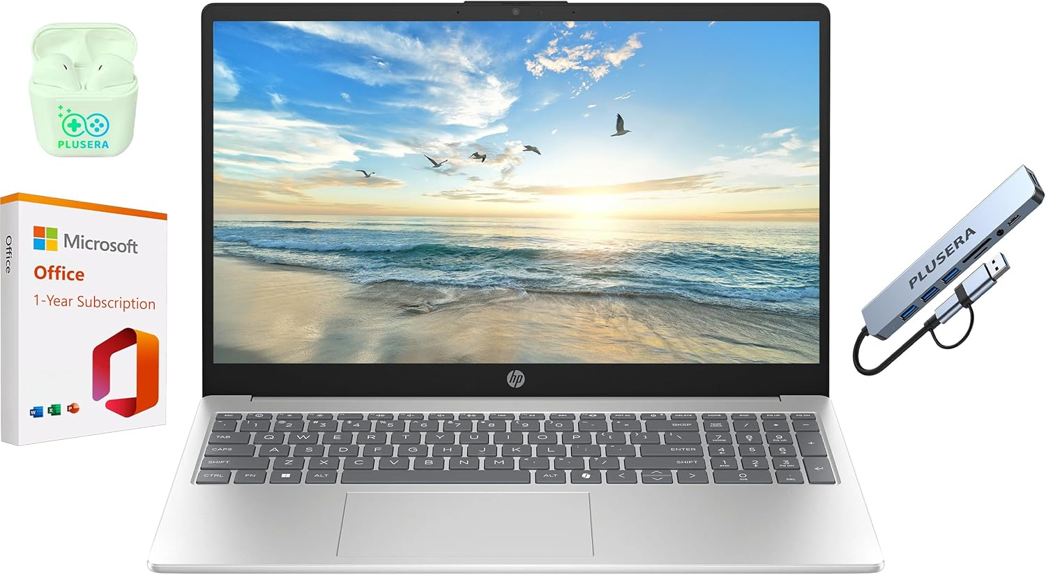 15.6" Business Laptop with Microsoft Office 365 with Copliot AI & 1TB Onedrive, 16GB RAM 128GB SSD, Quad-Cores Intel Processor, Windows 11, PLUSERA Earphones & 8-In-1 Hub Included, Natural Silver