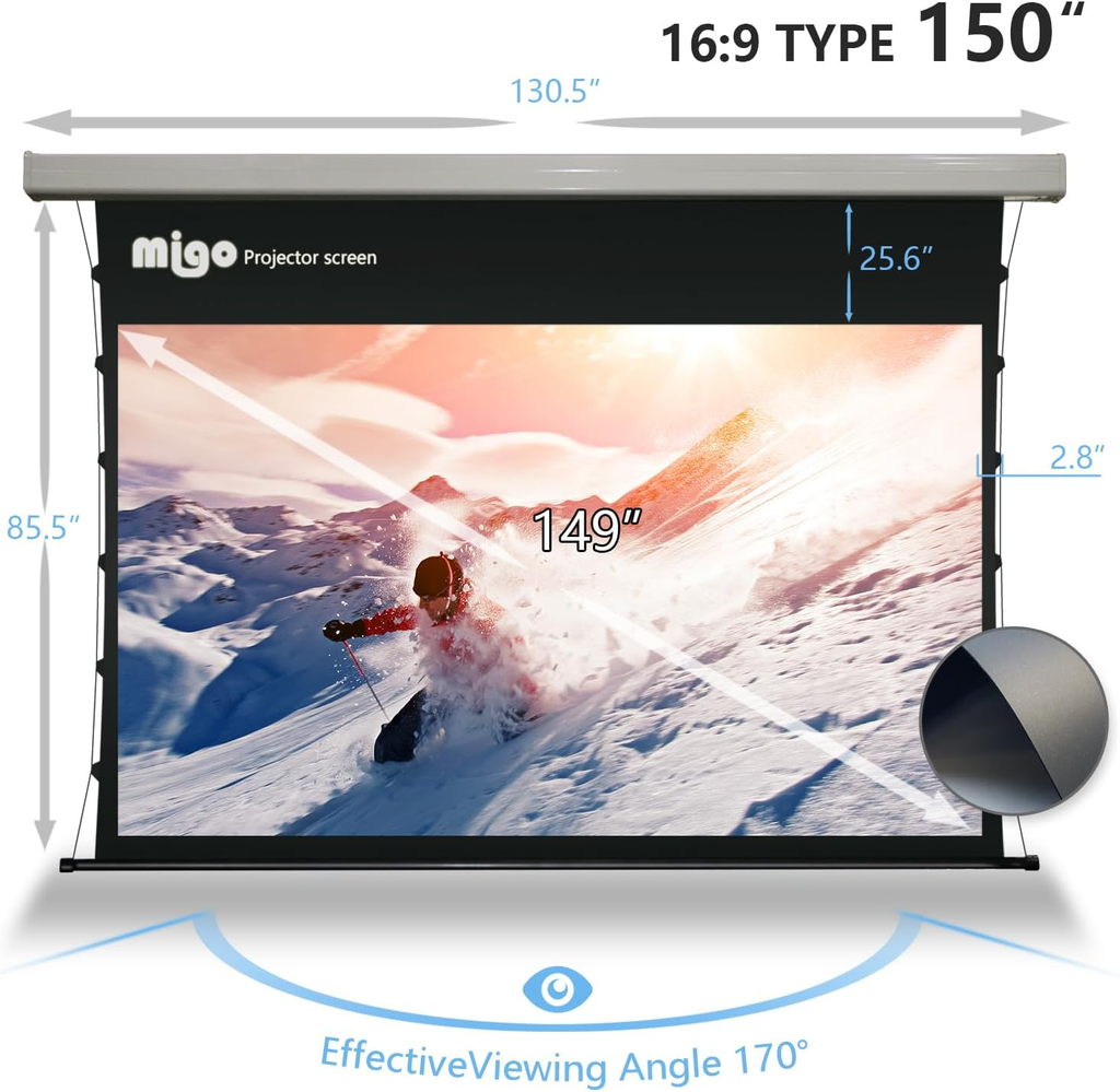 150 Inch Pull down Electric Projector Screen, Grey Crystal 2.0 Gain Partial Ambient Light 4K Tab-Tension Projector Screen Wall & Ceiling Mount for Short Throw Projector Movie Home Theater Cinema